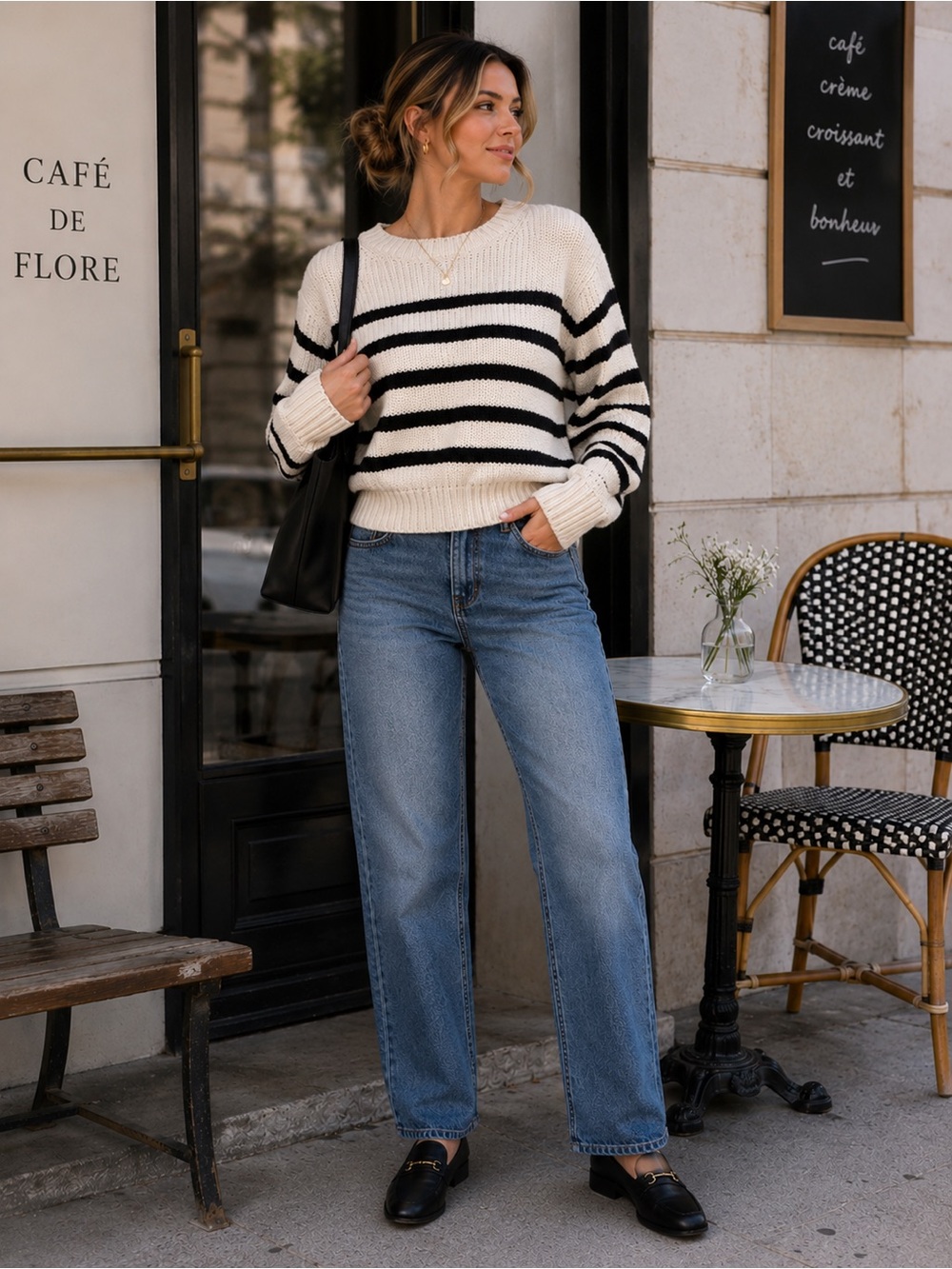 GAP Black Cream Breton Striped Chunky 100% Cotton Knit Crewneck Sweater Luxury